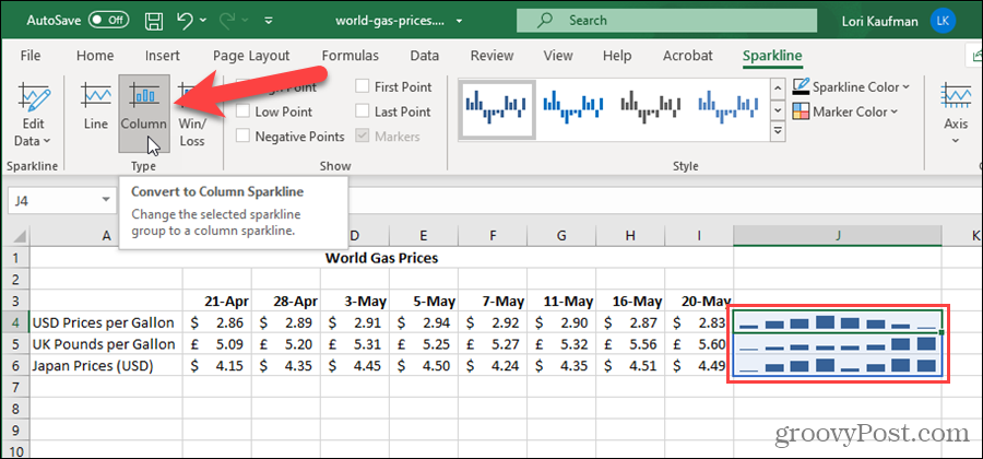 Ändern Sie den Sparkline-Typ in Excel