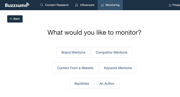 Optionen für das, was Sie über BuzzSumo überwachen können.