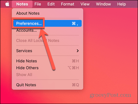 Wählen Sie Einstellungen in Notes auf dem Mac aus