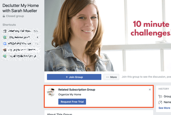 Verwendung der Funktionen von Facebook-Gruppen, Beispiel einer verwandten Abonnementgruppe für Declutter My Home