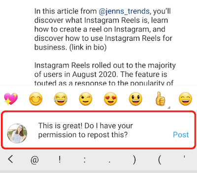 instagram post Beispiel Kommentar Antwort Kompliment und Bitte um Erlaubnis, den Inhalt erneut zu veröffentlichen