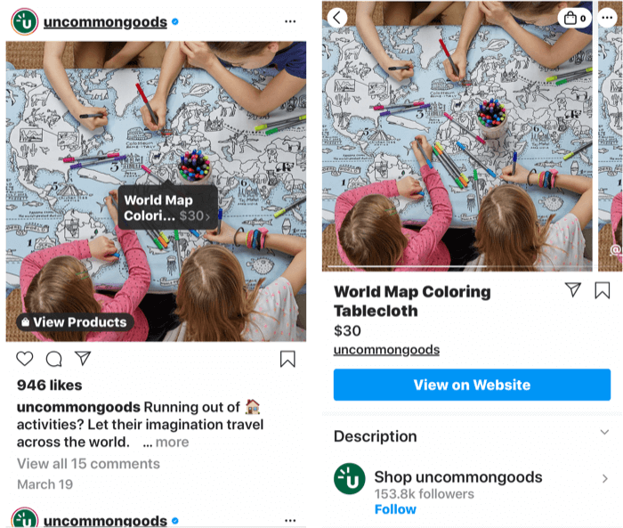 Screenshots mit einem Instagram-Tag, das einem einkaufbaren Produktbeitrag hinzugefügt wurde, sowie der Shop-Seite des Produkts, sobald ein Beitragstag ausgewählt wurde