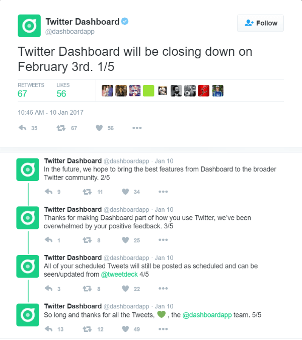 Twitter wird das Twitter-Dashboard am 3. Februar 2017 schließen.