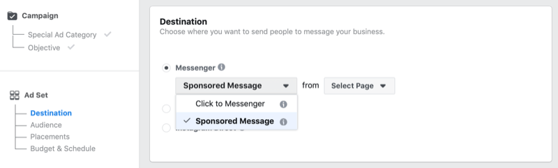 Facebook Sponsored Message-Option im Facebook Ads Manager