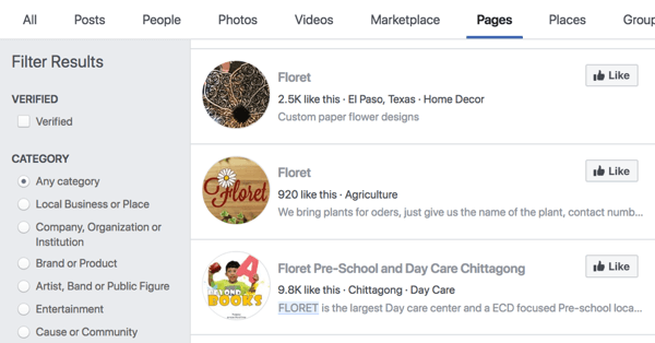 Facebook-Seiten Suchergebnisse für Floret.