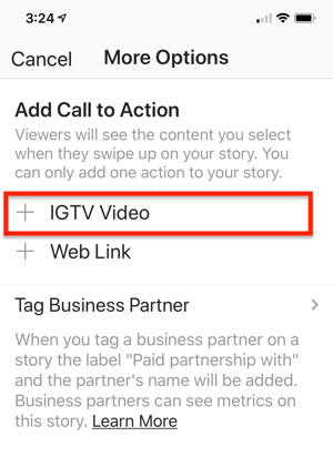 Option zum Auswählen eines IGTV-Videolinks zum Hinzufügen zu Ihrer Instagram-Story.