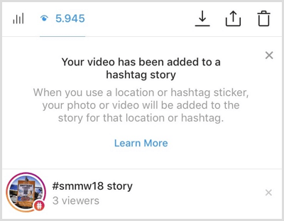 Instagram sendet Ihnen eine Benachrichtigung, wenn Ihr Inhalt zur Hashtag-Story hinzugefügt wird.