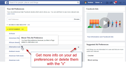 Löschen Sie die Einstellungskategorien für Facebook-Anzeigen