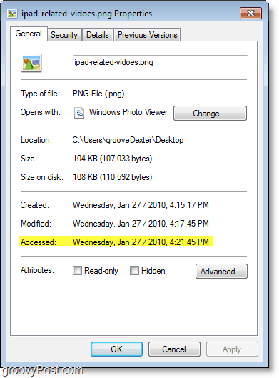 Windows 7-Screenshot - Zugriffsdatum wird nicht sehr gut aktualisiert
