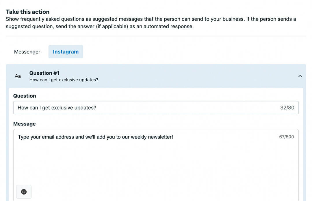 So schließen Sie E-Mail-Anmeldemöglichkeiten in automatisierte DM-Antworten in Ihr Instagram-Profil ein. FAQ-Inbox-Automation-Tool Beispiel-11