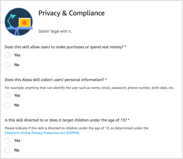 Beantworten Sie Datenschutz- und Compliance-Fragen für Ihre Alexa-Kenntnisse.