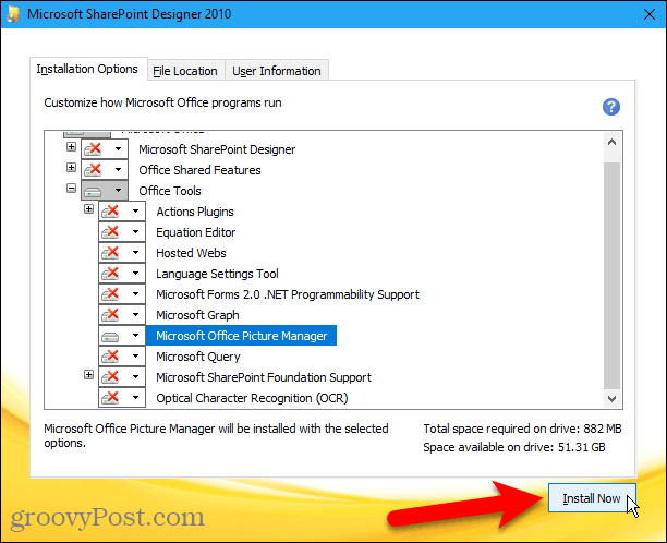 Klicken Sie auf Jetzt installieren, um den Microsoft Office Picture Manager von Sharepoint Designer 2010 zu installieren