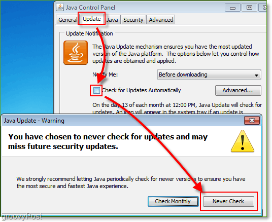 Screenshot: Windows 7 Deaktivieren Sie Java Update Checks