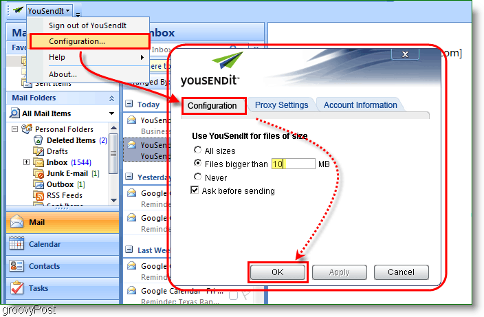 YouSendIt-Konfigurationsmenü
