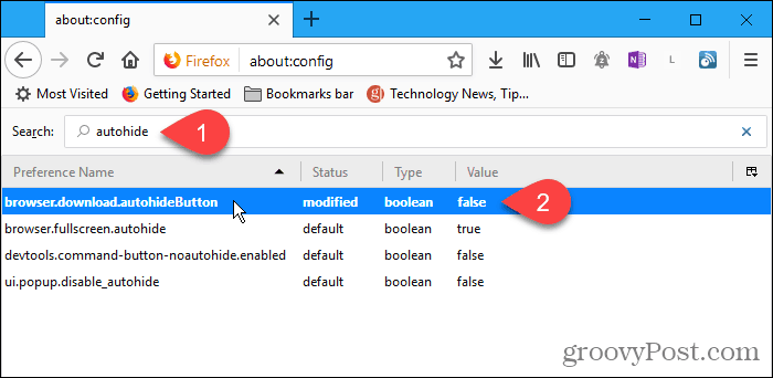 Doppelklicken Sie in Firefox auf die Konfigurationseinstellung autohideButton