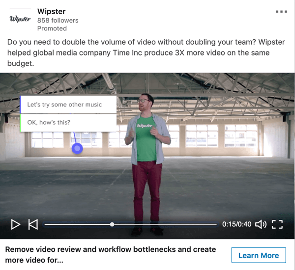 So erstellen Sie objektivbasierte LinkedIn-Anzeigen, Beispiel für gesponserte Videoanzeigen von Wipster