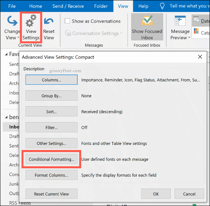 Die Schaltfläche Bedingte Formatierungsoptionen in Microsoft Outlook