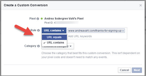 URL-Regel für benutzerdefinierte Facebook-Conversions