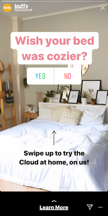 Beispiel für eine Instagram Stories-Anzeige mit interaktiver Umfrage und Swipe-up-Link