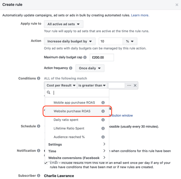 Verwenden Sie automatisierte Facebook-Regeln, erhöhen Sie das Budget, wenn der ROAS größer als 2 ist, Schritt 3, und legen Sie die Bedingungen fest