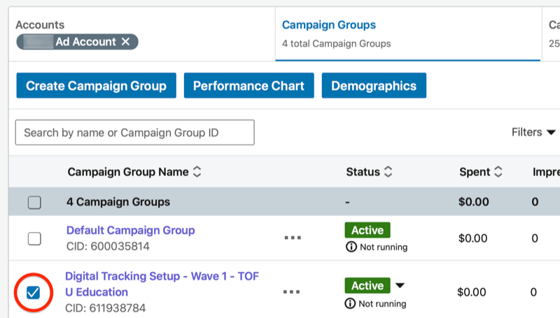Linkedin-Kampagnenmanager-Dashboard mit hervorgehobener neuer Kampagnengruppe