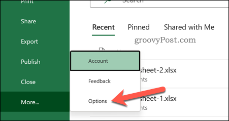 Optionsmenü für Excel-Datei