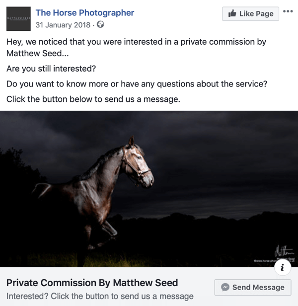 So konvertieren Sie Website-Besucher mit Facebook Messenger-Anzeigen, Schritt 3, Post-Beispiel von The Horse Photographer