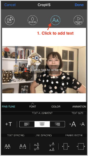 Tippen Sie auf das Schriftsymbol, um Text in CropVS hinzuzufügen.