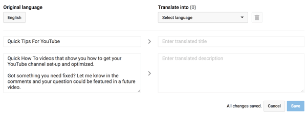 Geben Sie einen übersetzten Titel und eine Beschreibung für Ihre YouTube-Wiedergabeliste ein.