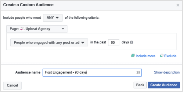 Wählen Sie Optionen aus, um eine benutzerdefinierte Facebook-Zielgruppe einzurichten, die auf Personen basiert, die sich in den letzten 90 Tagen mit einem Beitrag oder einer Anzeige beschäftigt haben