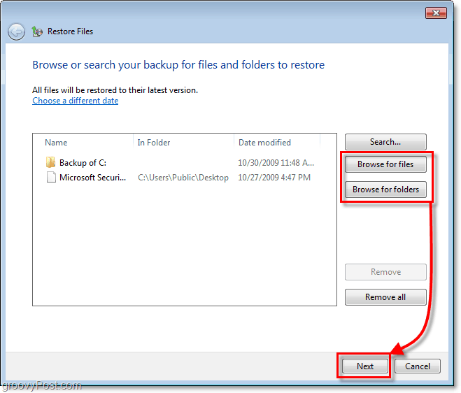 Windows 7-Sicherung - Wählen Sie aus, welche Dateien oder Ordner Sie wiederherstellen möchten