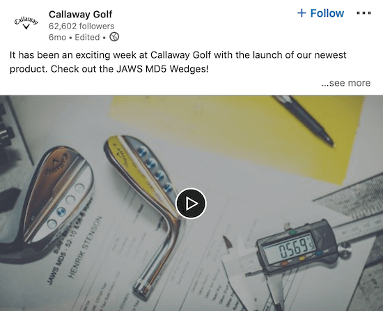 Callaway Golf LinkedIn Video mit Ankündigung eines neuen Produkts