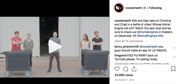 Beispiel für das Superfan-Engagement von Rooster Teeth auf Instagram.
