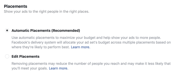 Platzierungsoptionen für eine Facebook-Lead-Werbekampagne.