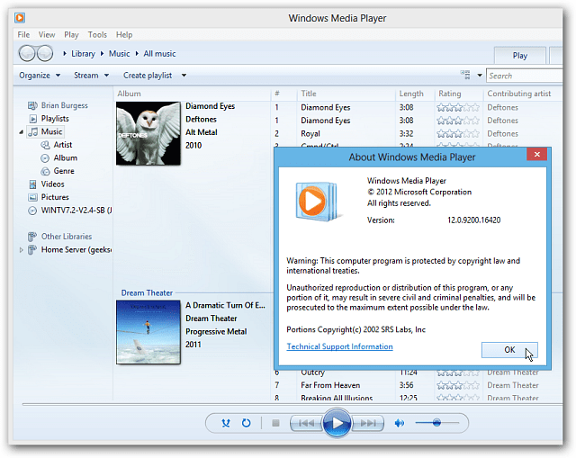 Windows Media Player unter Windows 8 Desktop