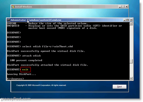 Windows 7 Native VHD Installieren Sie die CMD-Eingabeaufforderung "Dual Boot beenden"