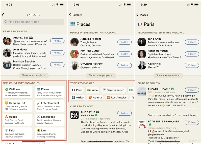 Entdecken Sie Themen und Benutzer in der Clubhaus-App