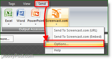 Klicken Sie nach der Installation auf die Registerkarte Senden und dann auf Screencast-Optionen