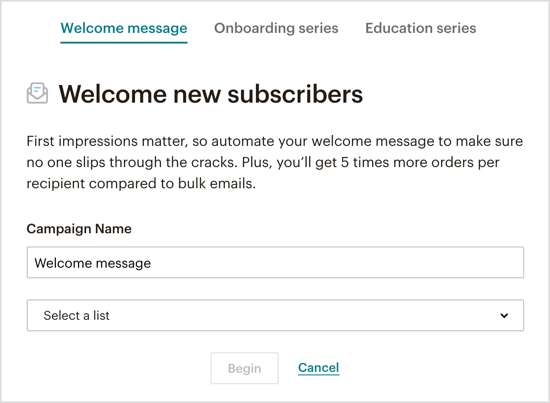 Wählen Sie aus, welche Art von automatisierter Begrüßungs-E-Mail Sie über Ihren Messenger-Bot senden möchten. 
