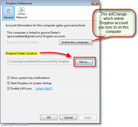 Dropbox-Screenshot - Ändern Sie den Standardspeicherort der Dropbox oder ändern / entfernen Sie Dropbox-Konten