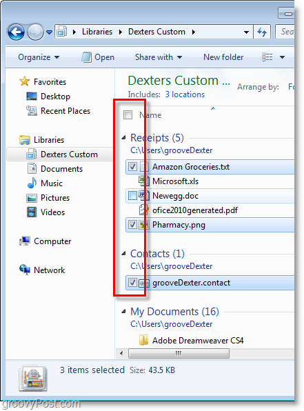 Windows 7-Screenshot - Verwenden Sie Kontrollkästchen, um Ihre Artikel auszuwählen.