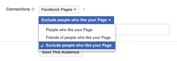 Facebook Ad Targeting-Option zum Ausschließen von Personen, denen eine Seite bereits gefällt