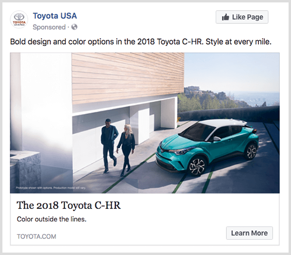 Die Facebook-Verlobungsanzeige von Toyota enthält den türkisfarbenen Toyota C-HR und einen Learn More-Button.