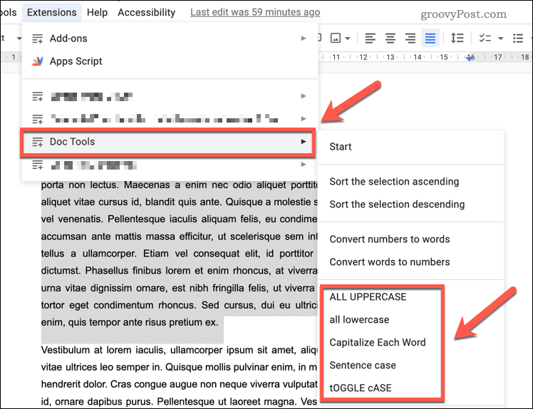 Ändern der Groß-/Kleinschreibung mit dem Doc Tools-Add-on in Google Docs