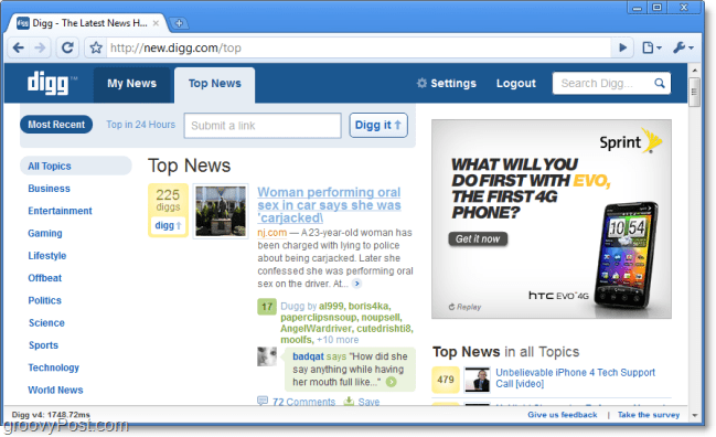 Digg Top News auf dem neuen Digg Screenshot