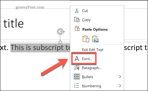 Zugriff auf das Schriftartenoptionsmenü in PowerPoint unter Windows über das Popup-Optionsmenü