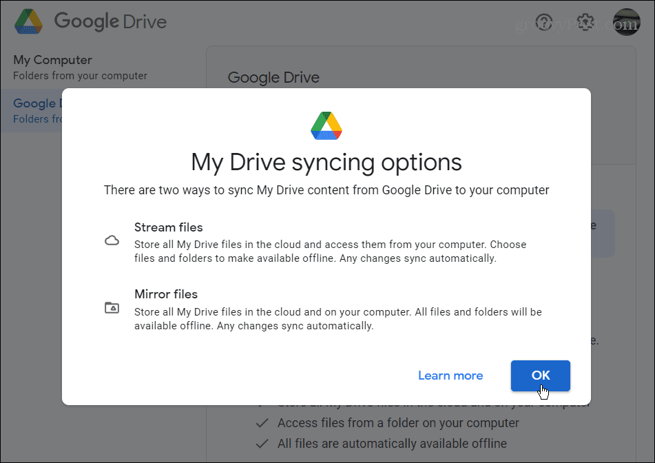 Google Drive-Synchronisierungseinstellungen