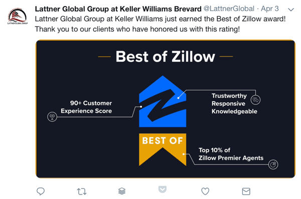 Verwendung von Social Proof in Ihrem Marketing, Beispielauszeichnung und sozialem Dank an Kunden der Lattner Global Group bei Keller Williams Brevard