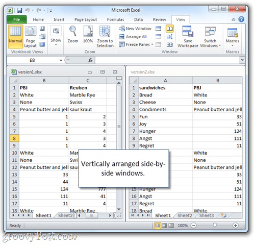 Microsoft Excel-Tabelle nebeneinander