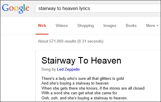 Google Lyrics zeigt
